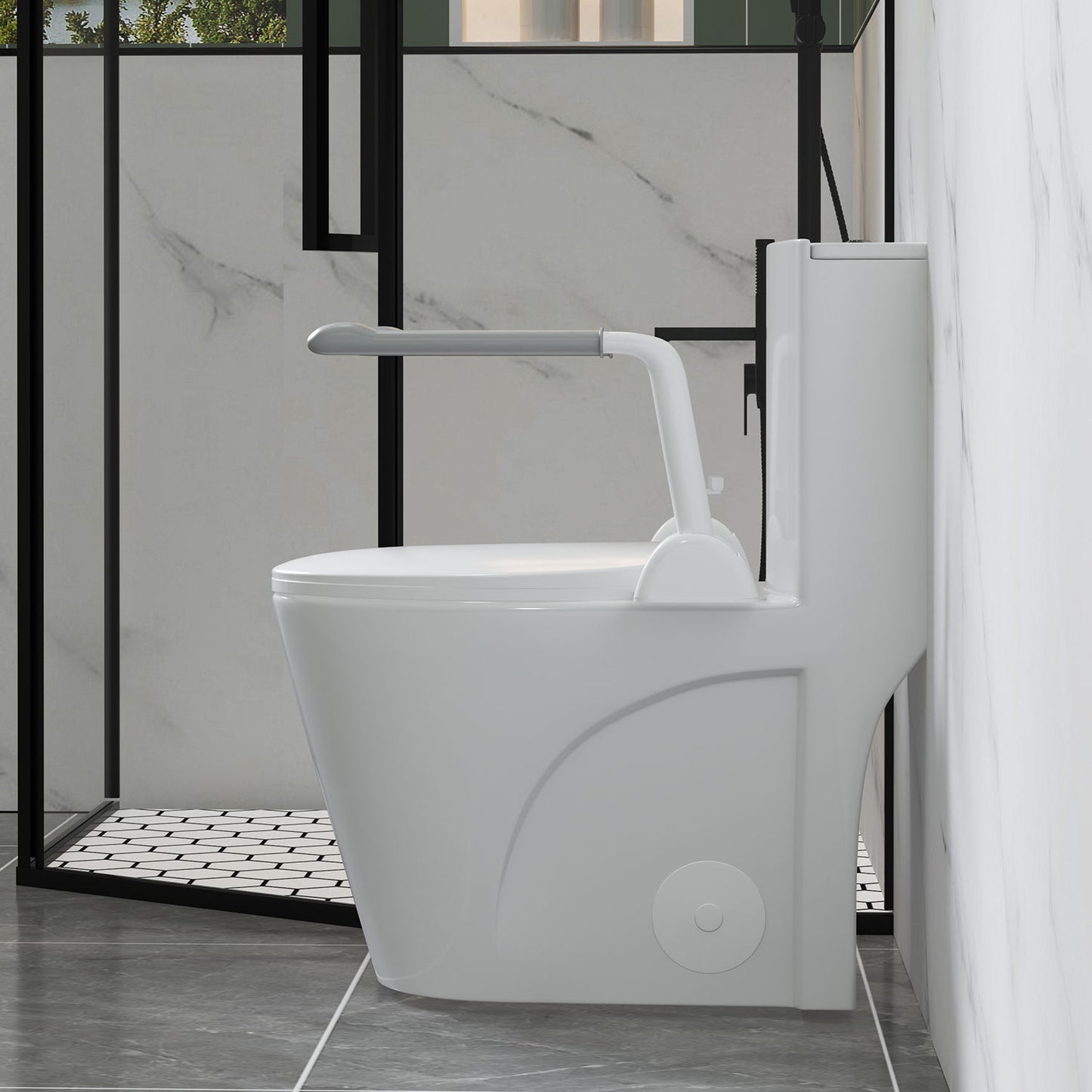 Upgraded Design Armrest, With Glossy Gw 007 1 Piece Toilet With Tornado Flush, Soft Close Seat, Dual Flush Map 1000G, Comfort Chair Seat - Gloss White