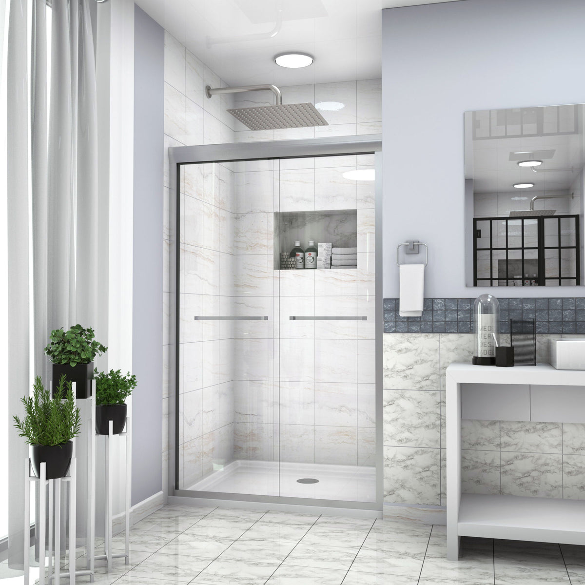 Modern Semi Frameless Bypass Sliding Shower Enclosure - Brushed Silver