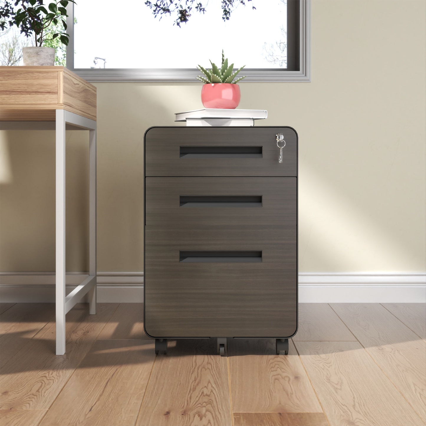 3-Drawer Mobile File Cabinet With Lock, On Casters, Holds A4/Letter Files