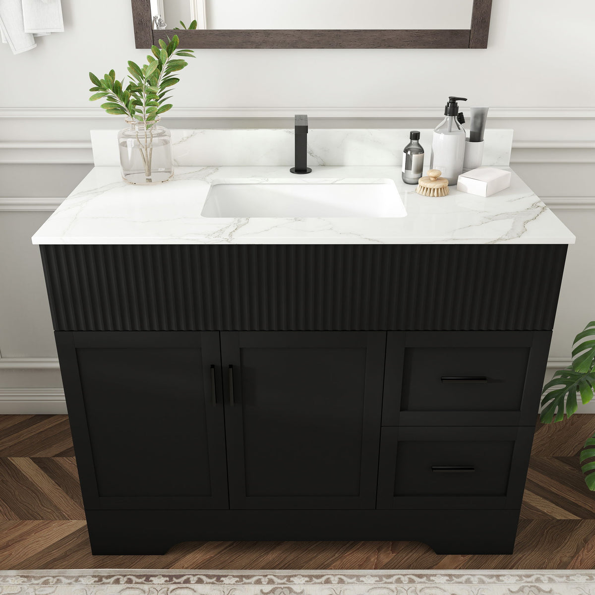 Bathroom Vanity Set, Fluted Cabinet, Soft Close Doors, Single Faucet Hole, Sink Included - Black