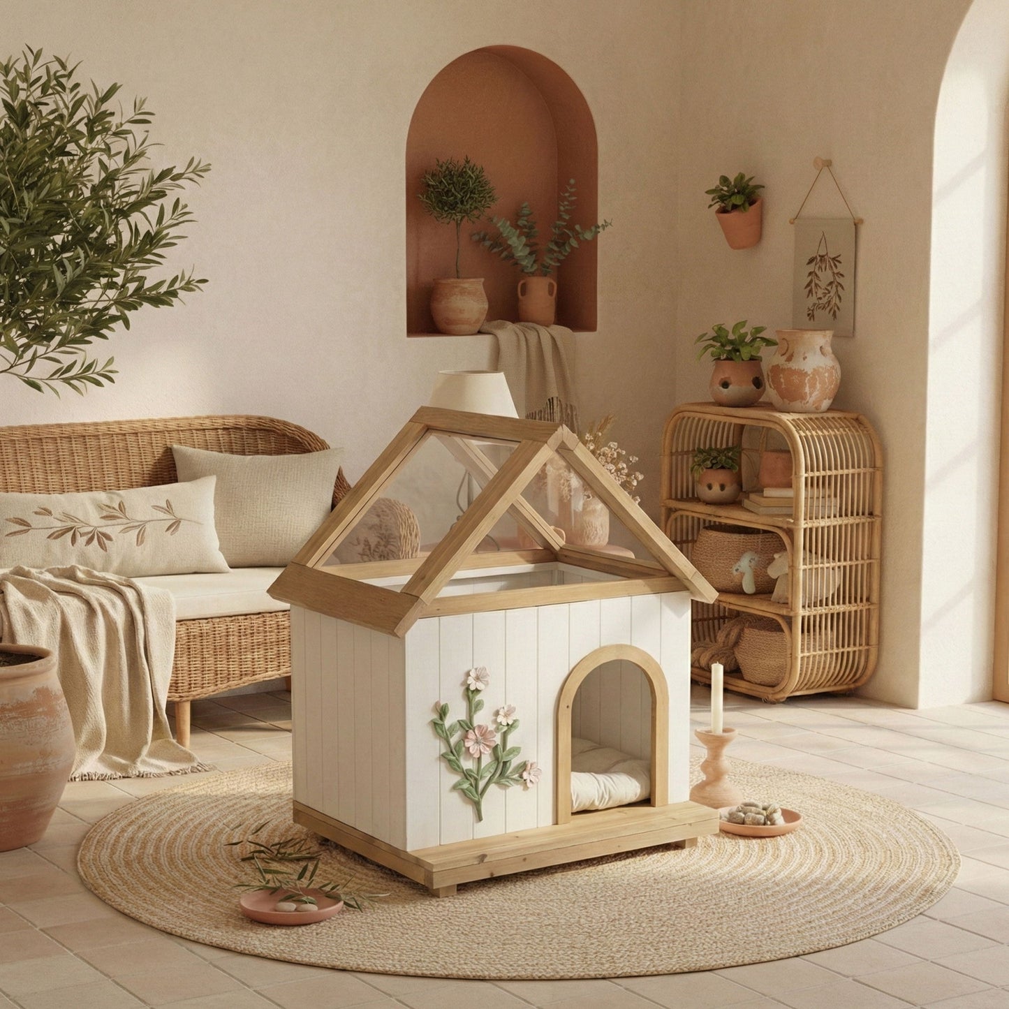 Daisy Cat House With Roof & Indoor Outdoor Pet Shelter For Cats & Small Dogs (11β25 Lbs) - White / Wood