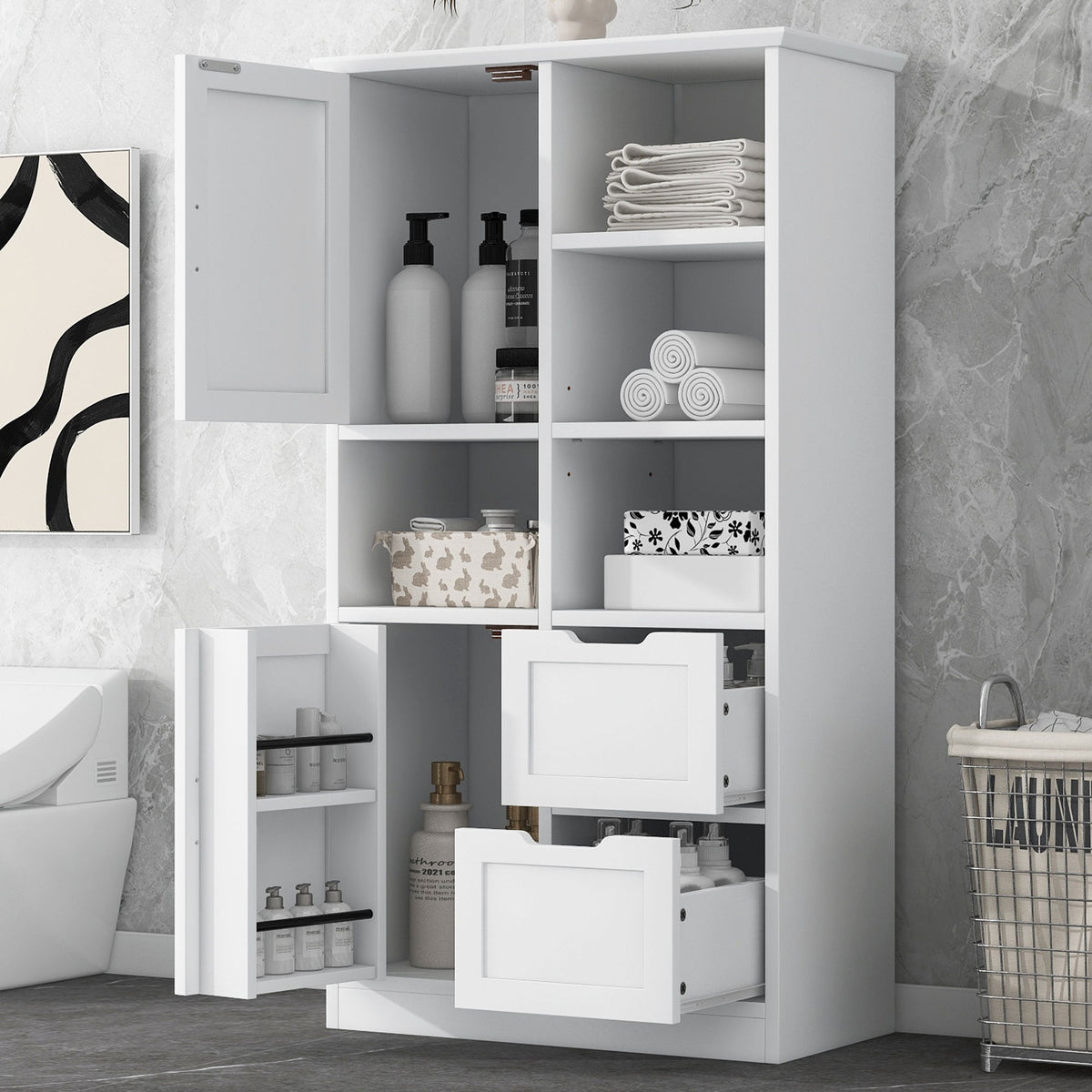 Freestanding Bathroom Storage Cabinet With Doors And Drawers, Adjustable Shelf, Open Shelves - White