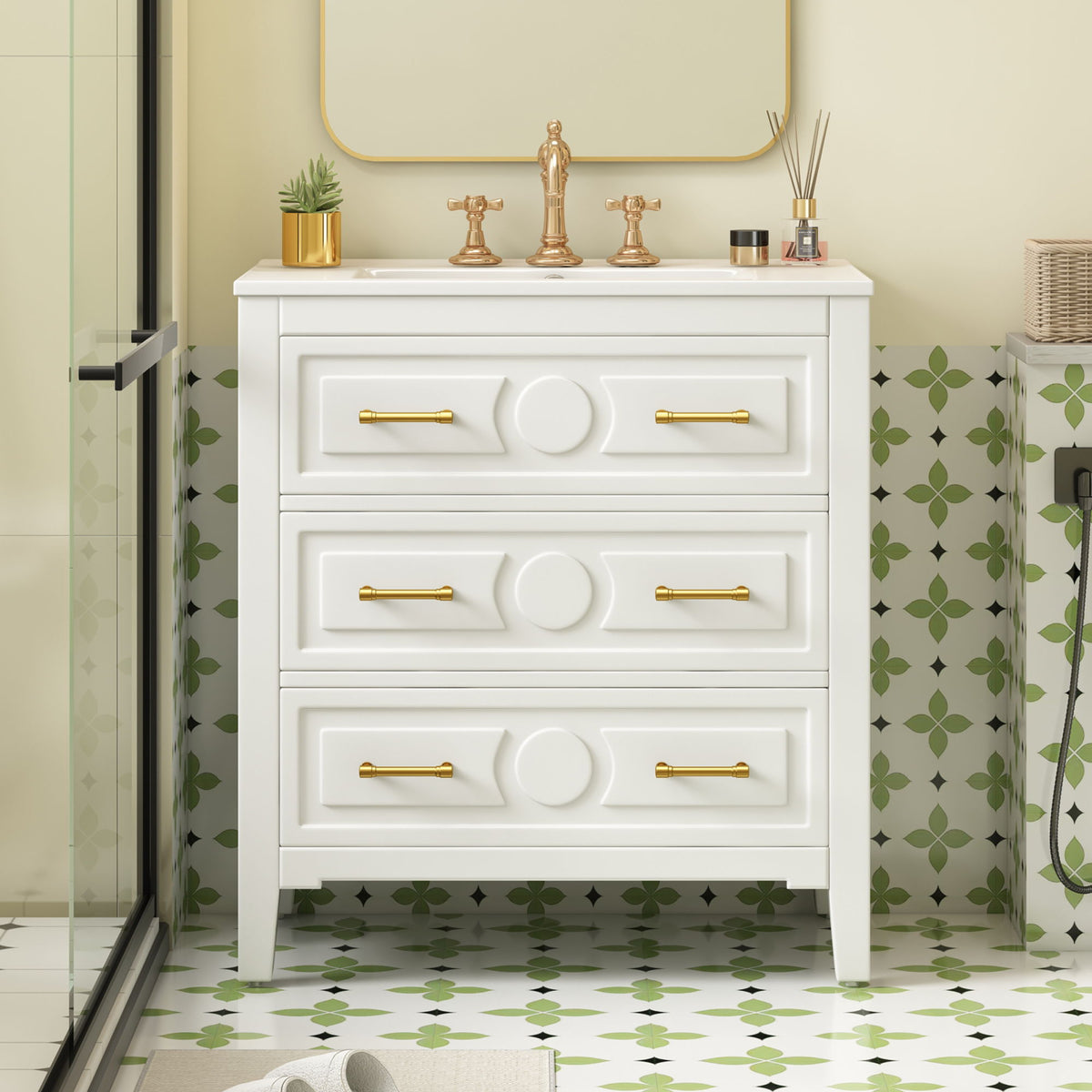 Retro Bathroom Vanity With Sink Combo, Free Standing Single Set With 3 Drawers