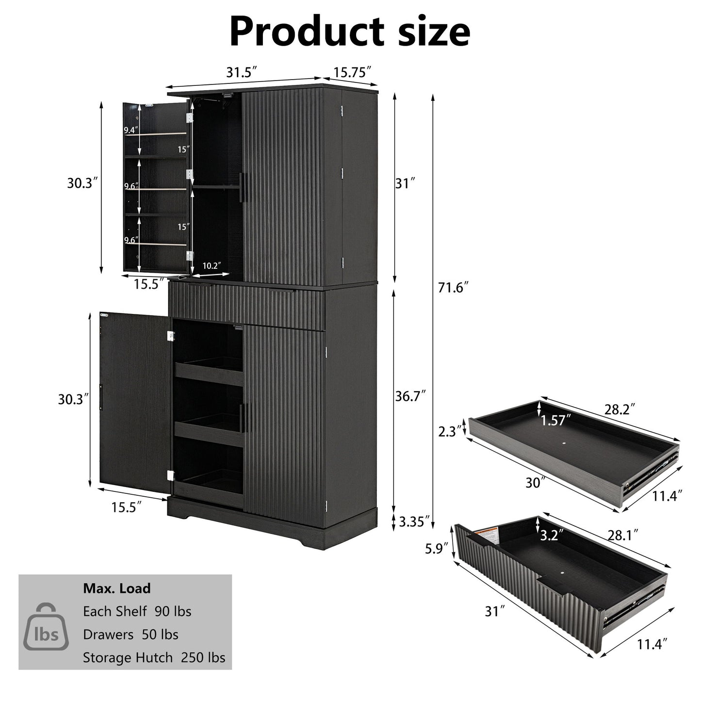 Fluted Kitchen Pantry Cabinet With 3 Keyboard Drawers & 6 Adjustable Door Shelves