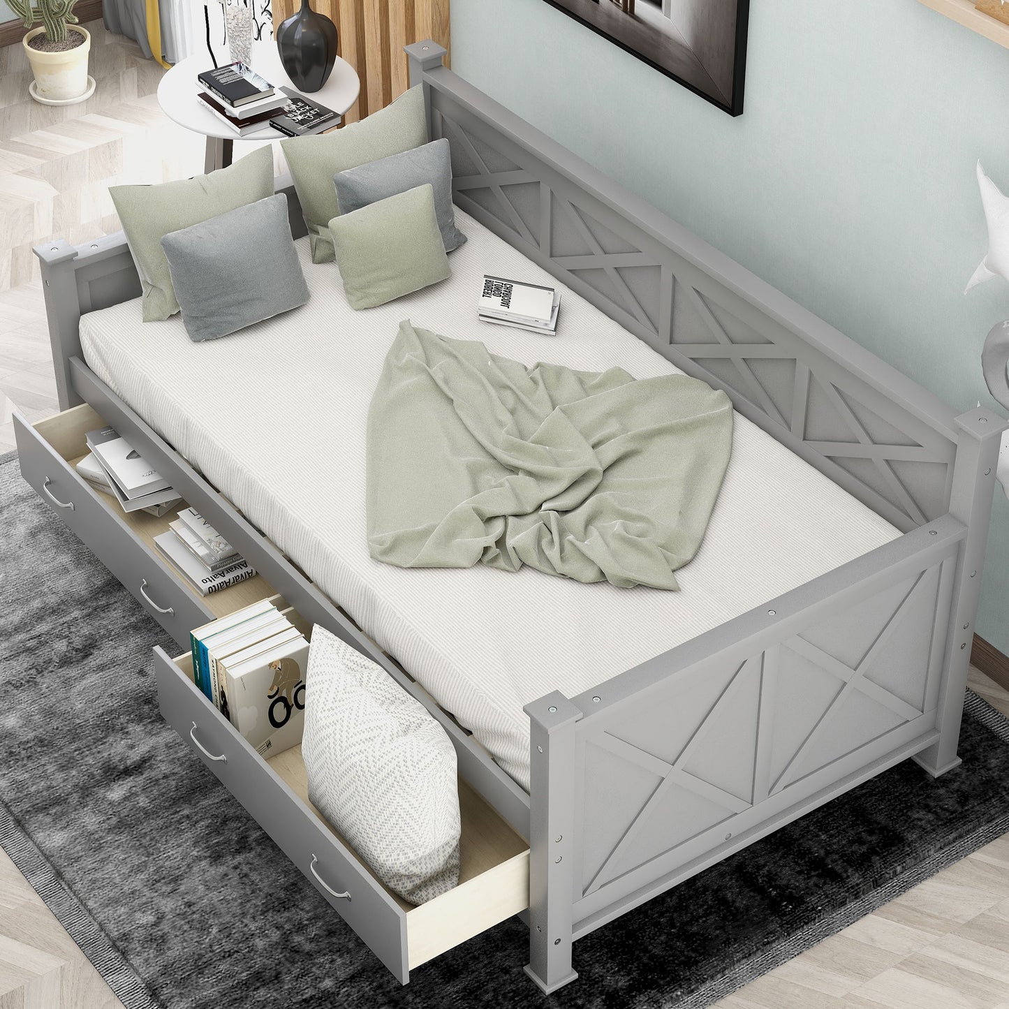 Modern Daybed With 2 Large Drawers, X Shaped Frame