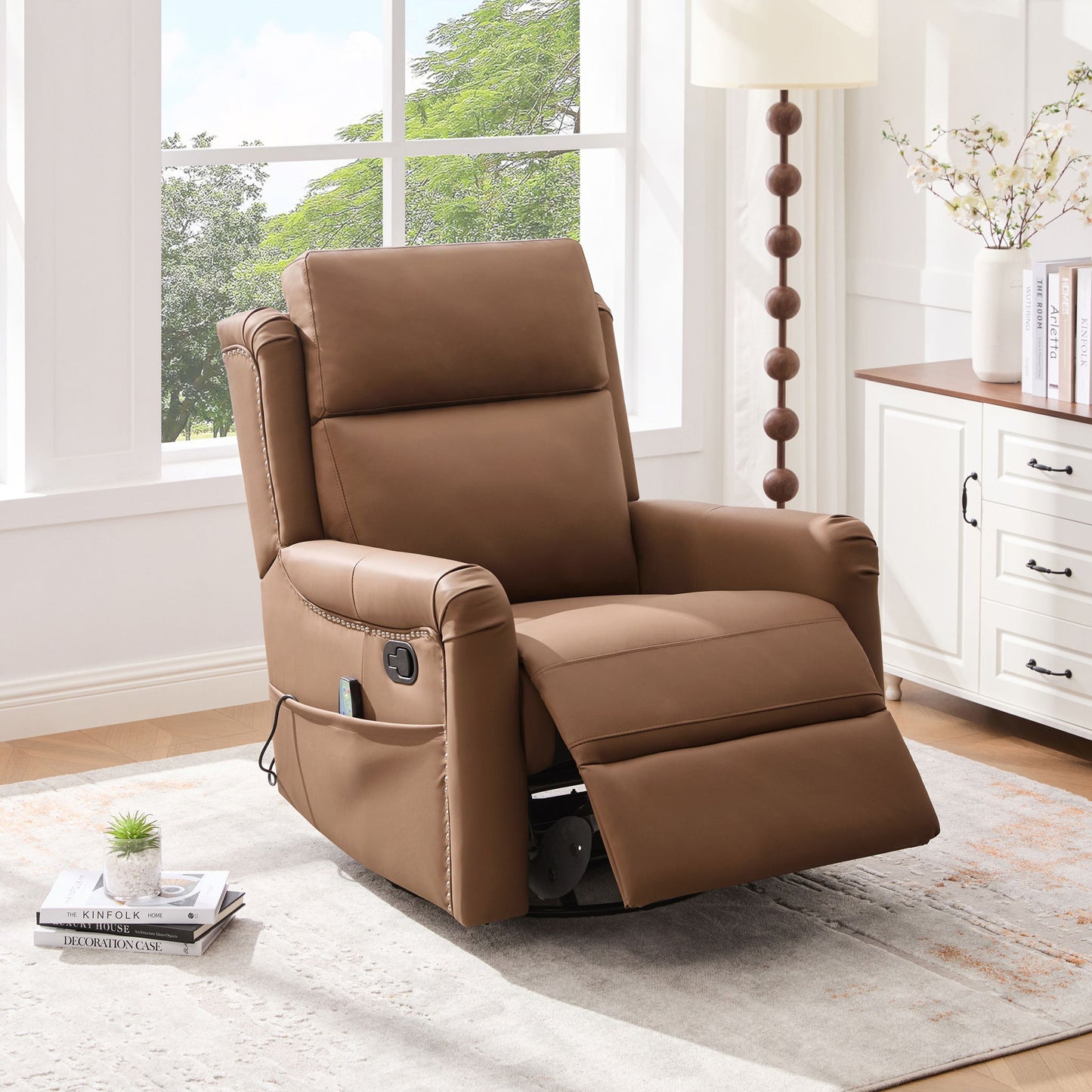 Manual Recliner, Swivel Rocking Chair With 8 Point Massage And Heating - Brown