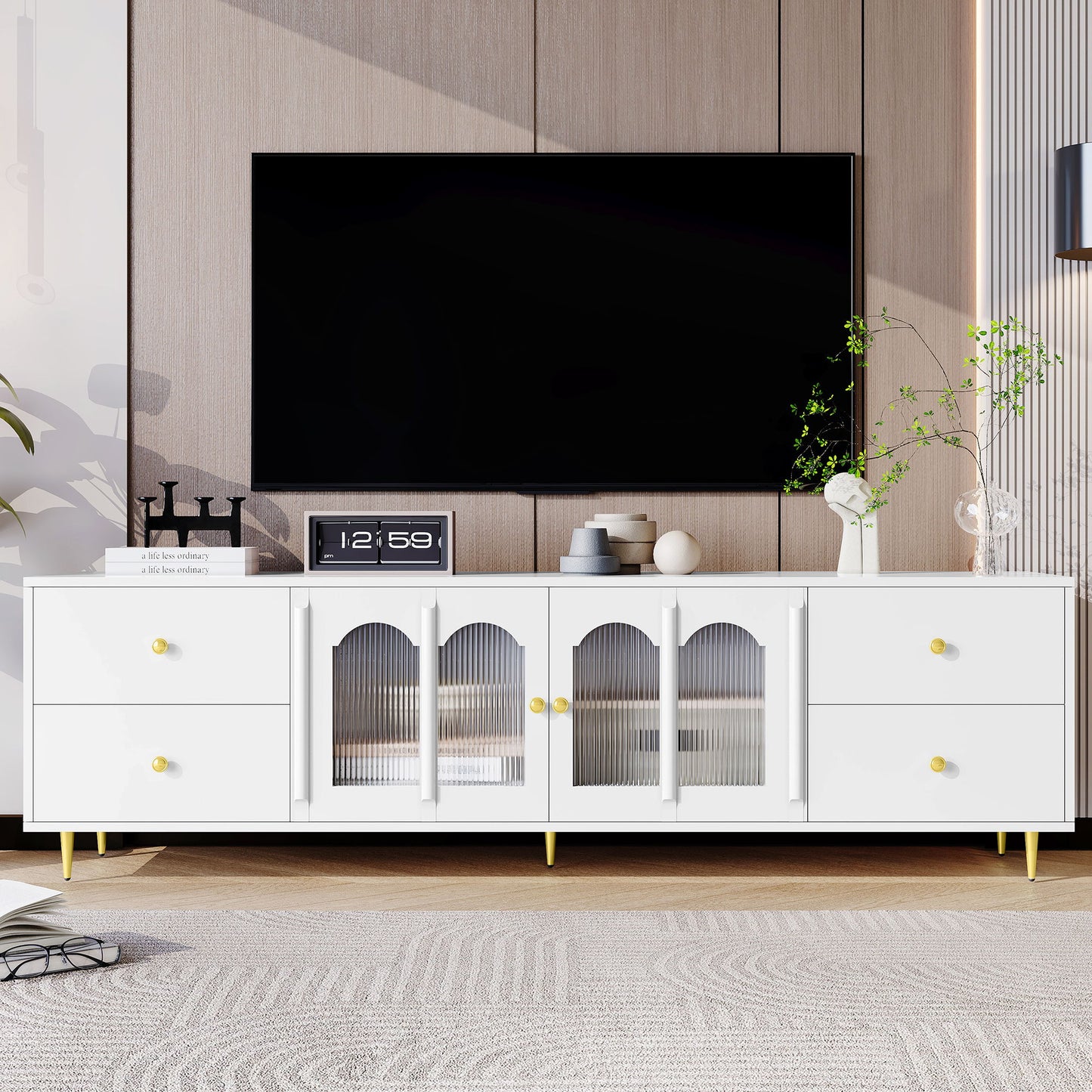 Modern TV Stand With Glass Door, 4 Drawers And 2 Cabinets