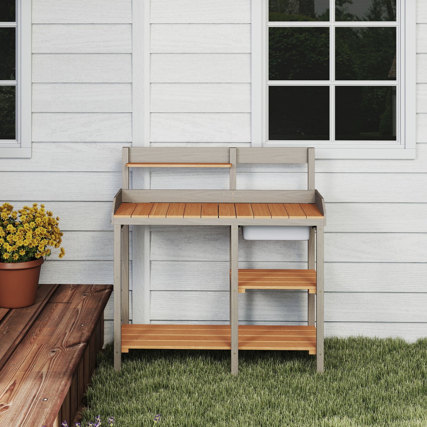 Outdoor Potting - Bench, Workstation Table With Cabinet For Backyard Garden Supplies - Gray / Brown