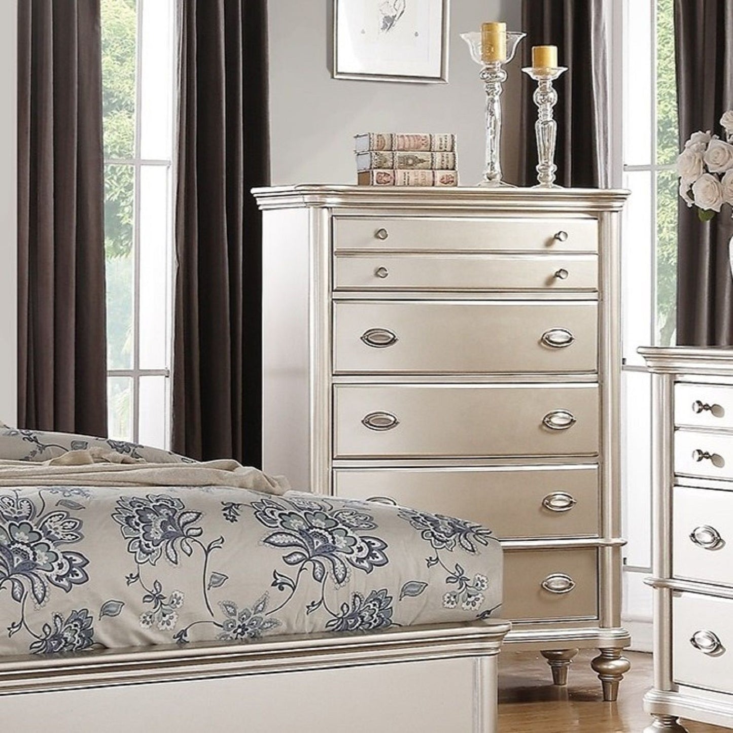 Bedroom Furniture Chest Of Drawers, 5 Drawer Storage - Champagne / Silver / Gray
