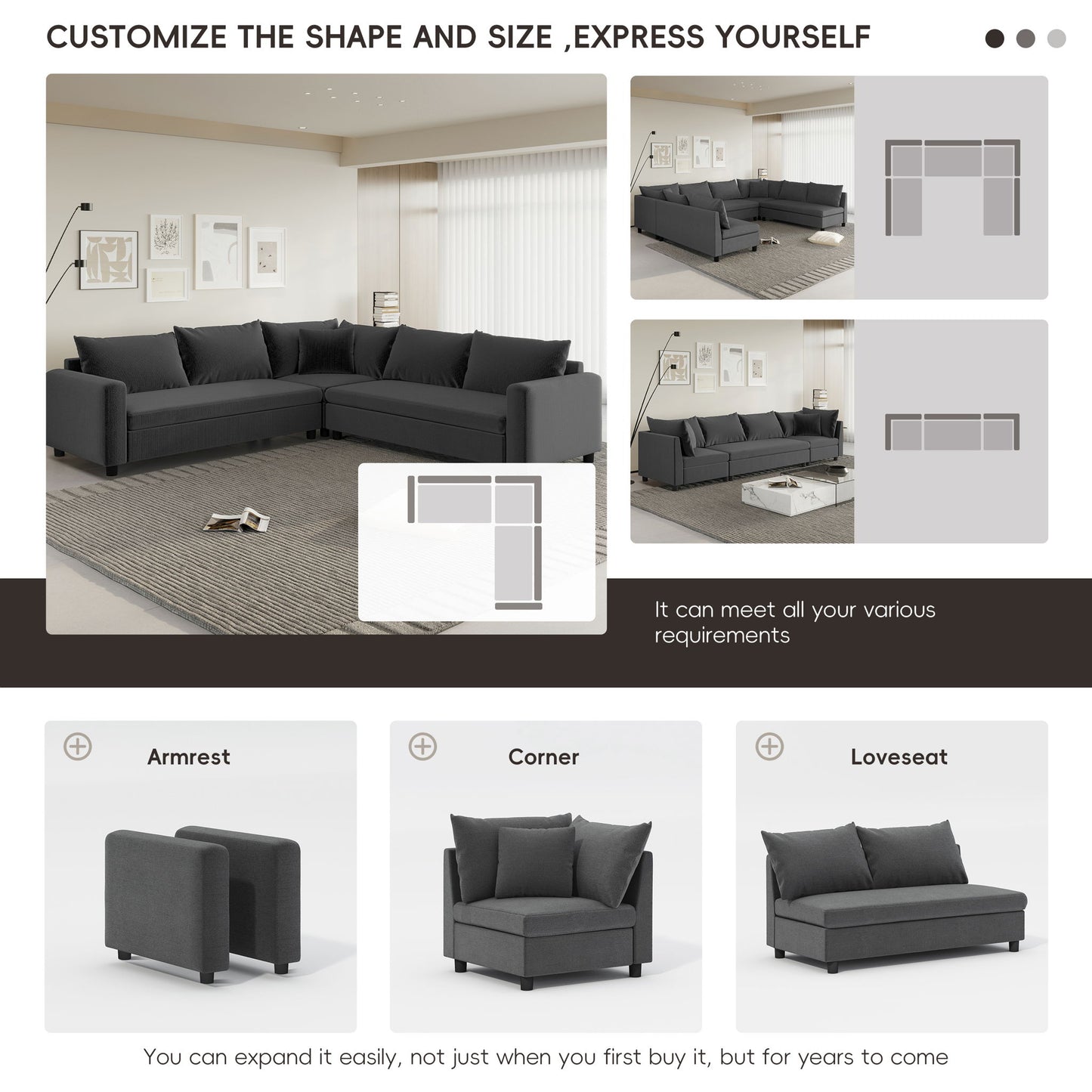 Modern Modular Sectional Oversized Couch Set With Pillows, Minimalist Style Wide Seat Comfy Sofa