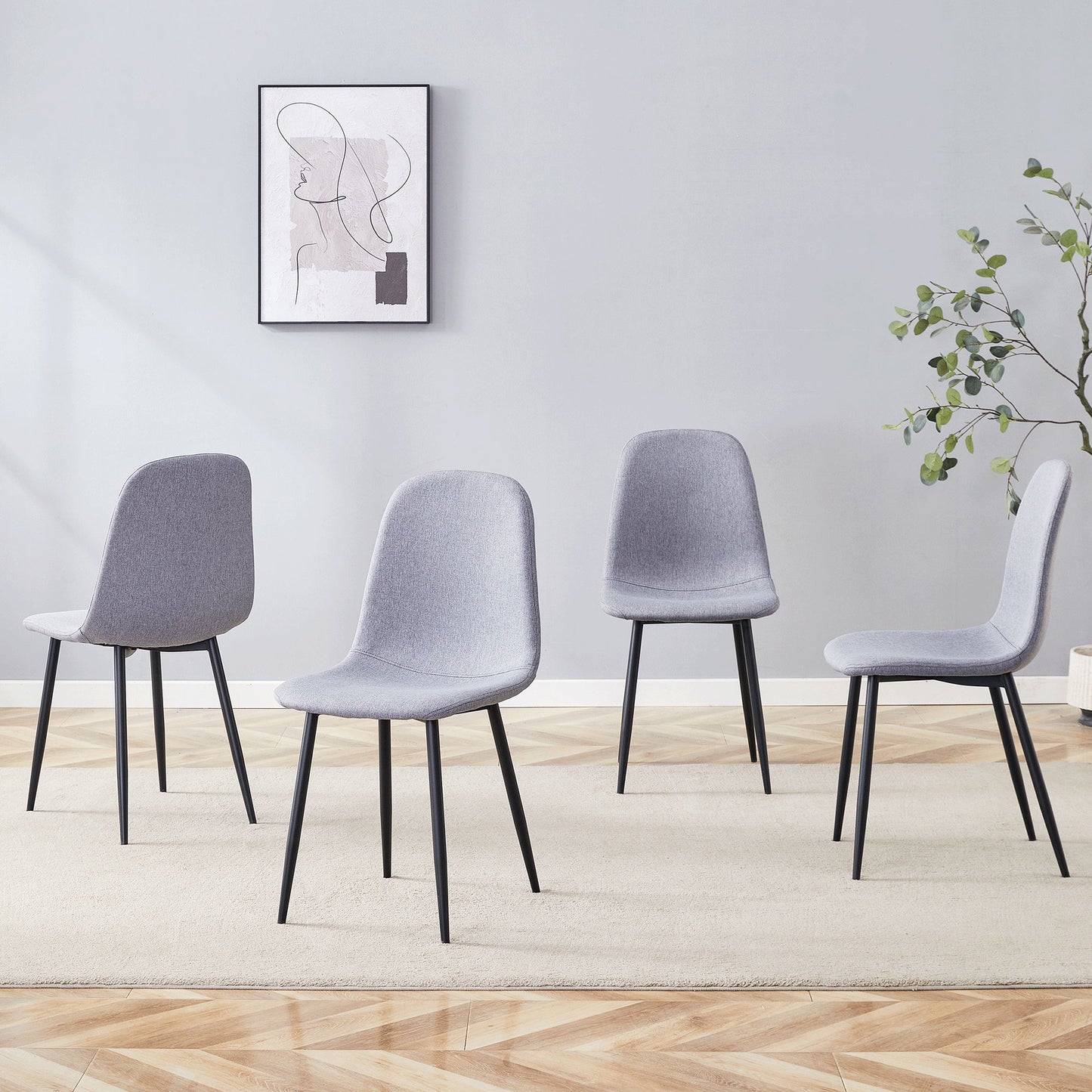 Luxury Simple Chair Linen Cotton High Resilience Dining Chair With Black Metal Legs (Set of 4) - Light Gray