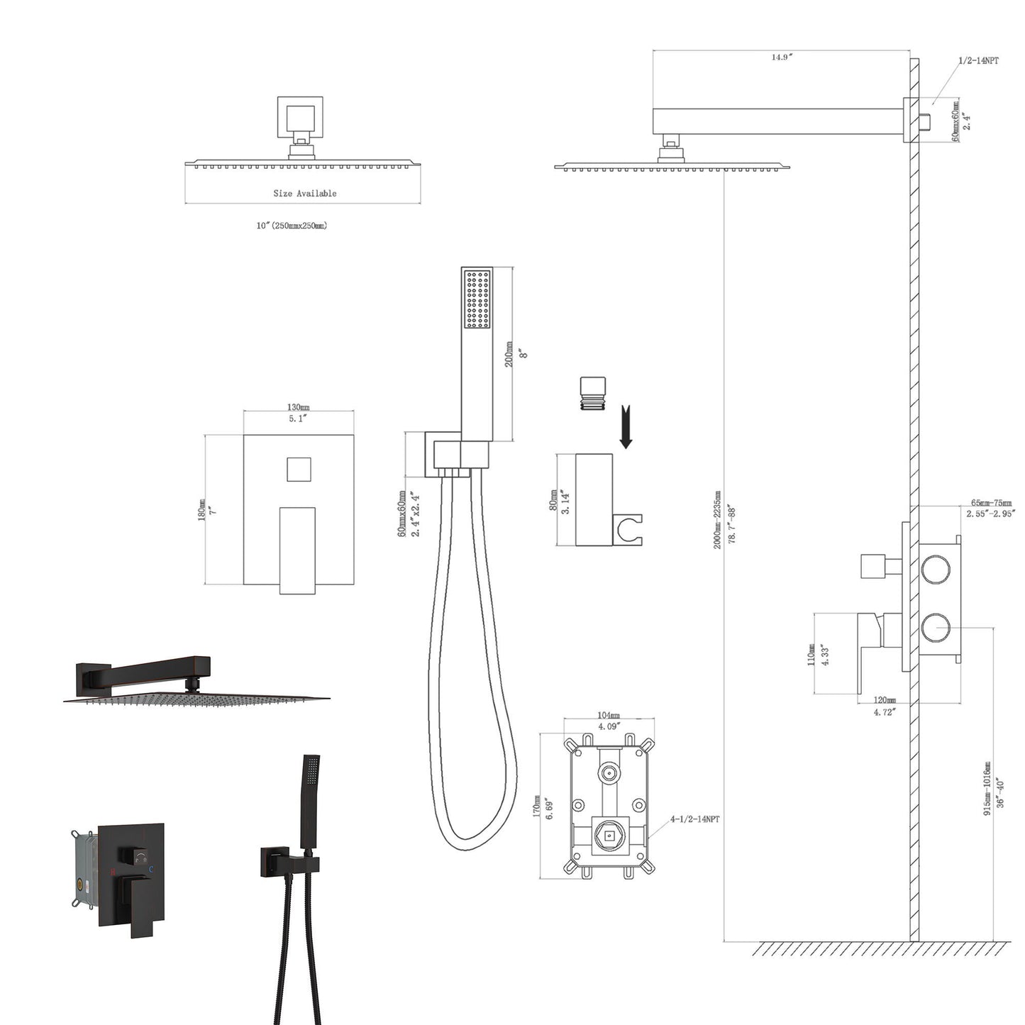 Dual Shower Head 10" Wall Mounted Square Shower System