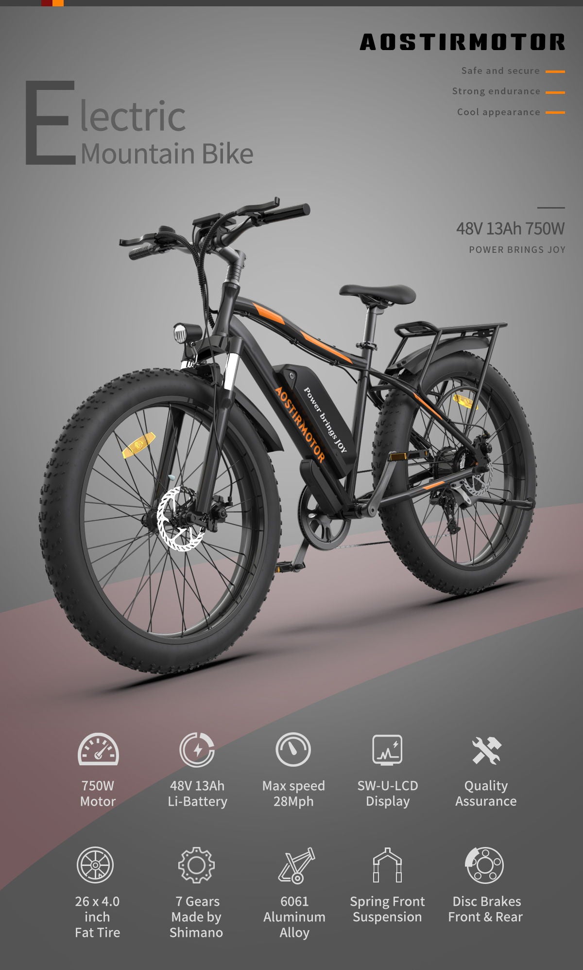 S07 - B 26" 750W Electric Bike Fat Tire P7 48V 12.5Ah Removable Lithium Battery For Adults With Detachable Rear Rack Fender - Black
