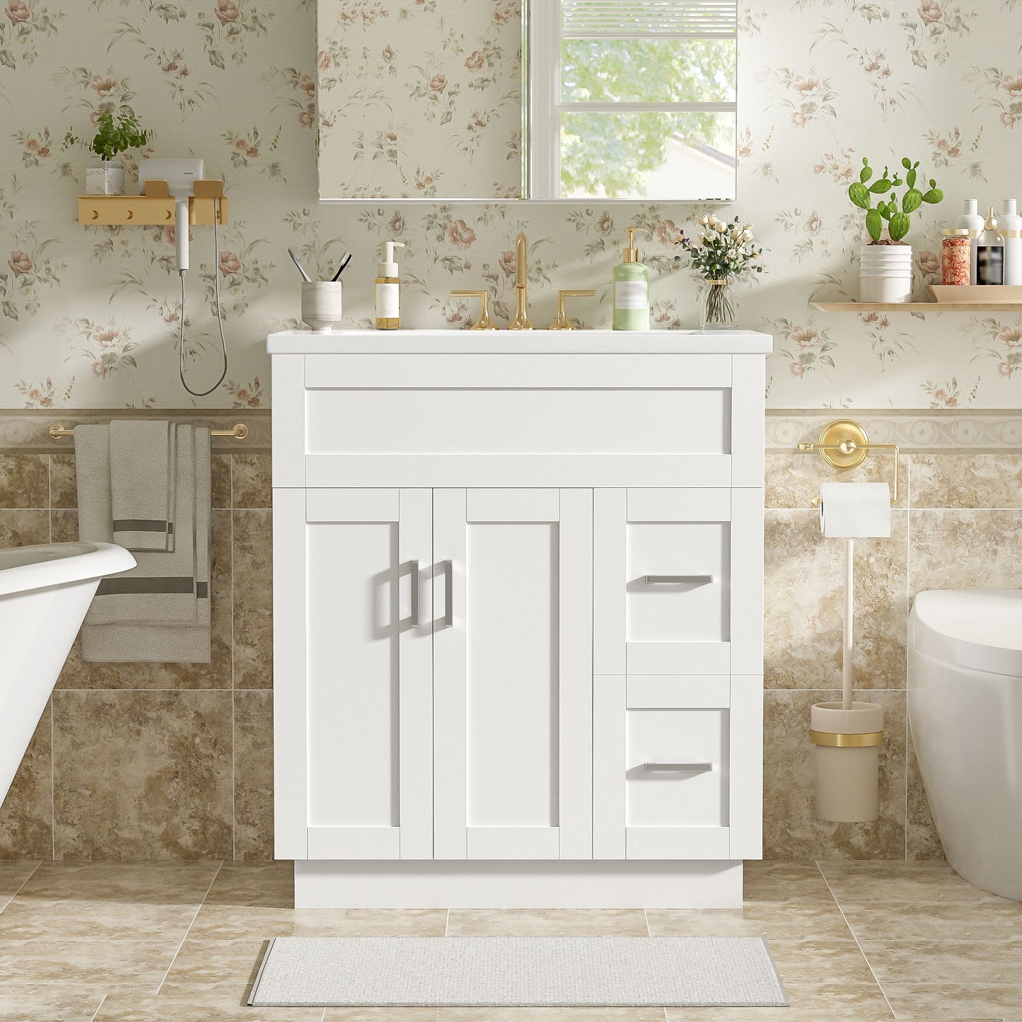 Bathroom Vanity With 2 Doors, 2 Drawers, Adjustable Shelf, Hidden Slides & Soft Close Hinges