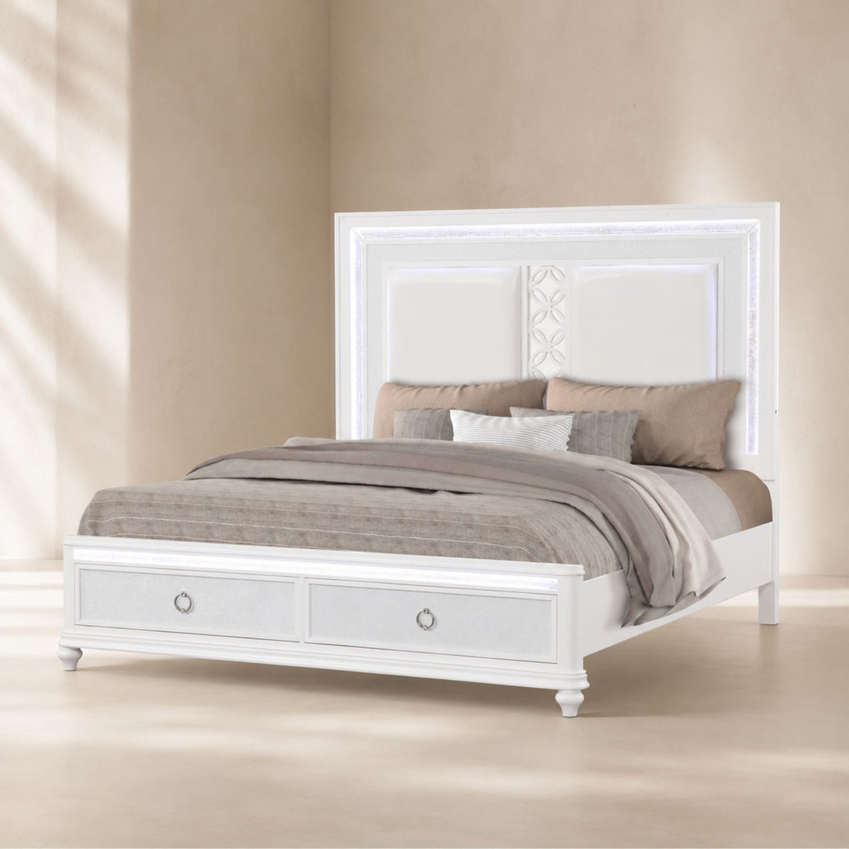 Abigale - King Bed With LED Lighting And 2 Drawer Storage Footboard - White