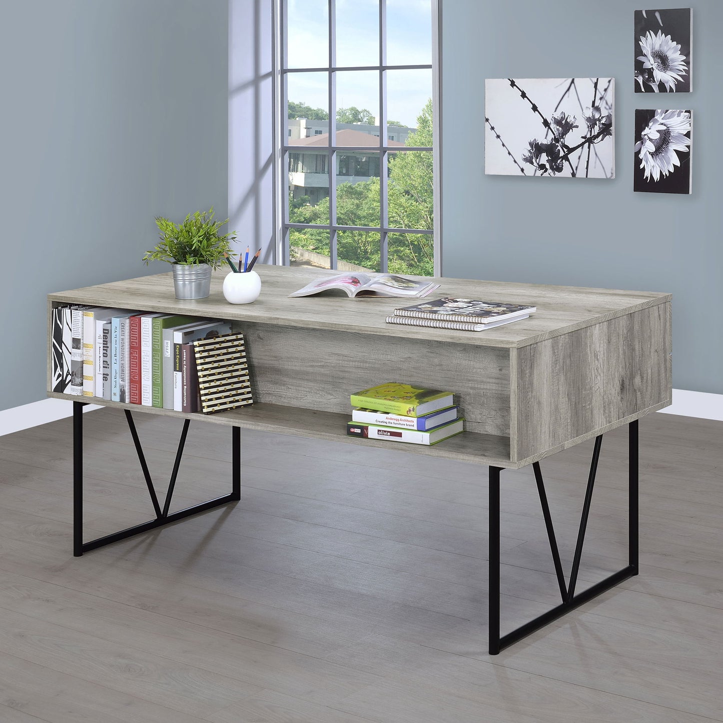 Rustic Industrial Charm Writing Desk With 4 Drawers And Open Shelf