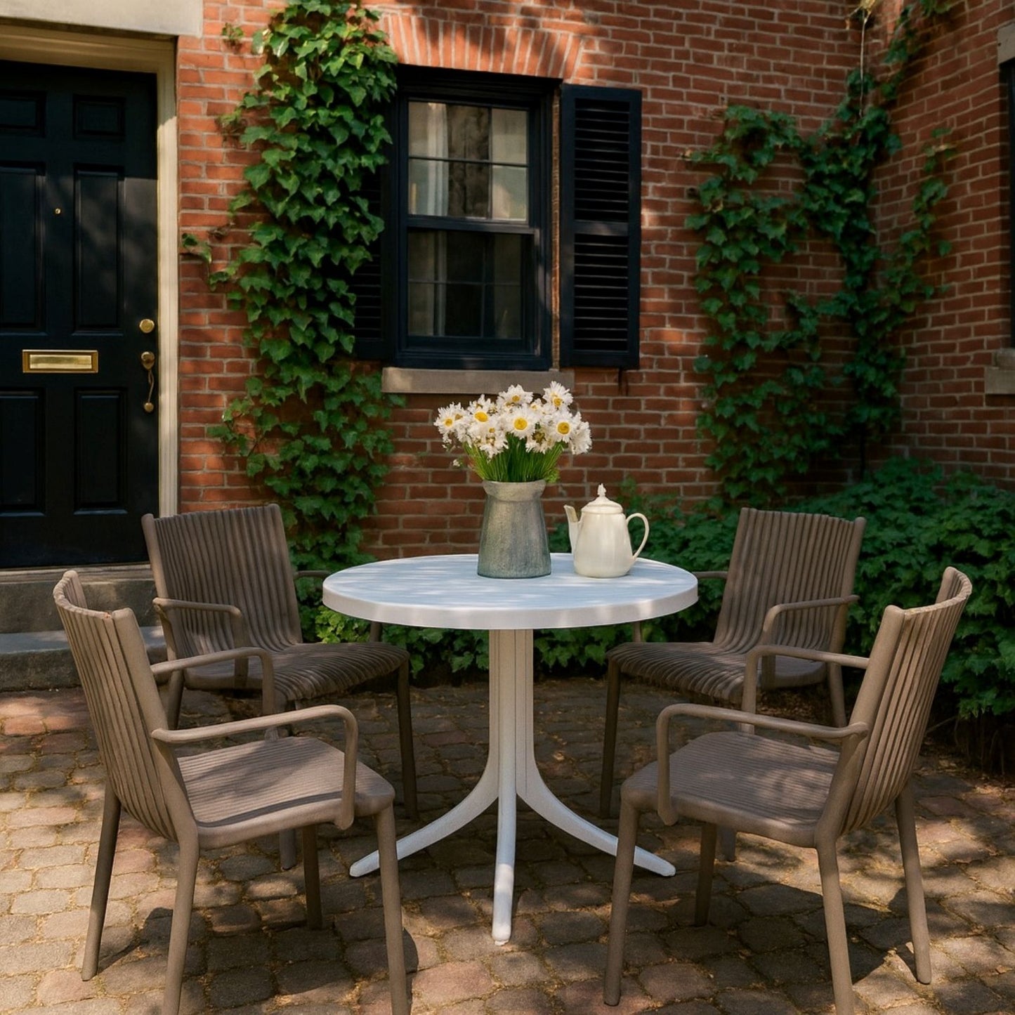 4 Modern Stackable Plastic Armchair Matched With Round Table