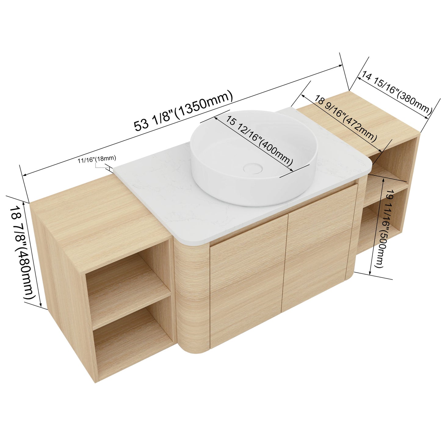 Mounted Bathroom Vanity With Art Sink, 2 Storage Shelves, Soft Close Door