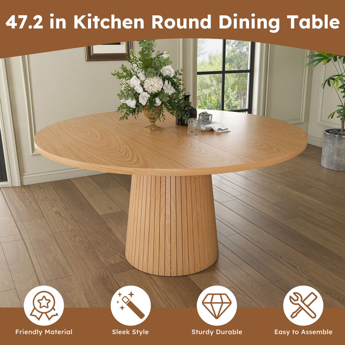 Round Dining Table With Strip Base, Circle Table For Kitchen - Oak