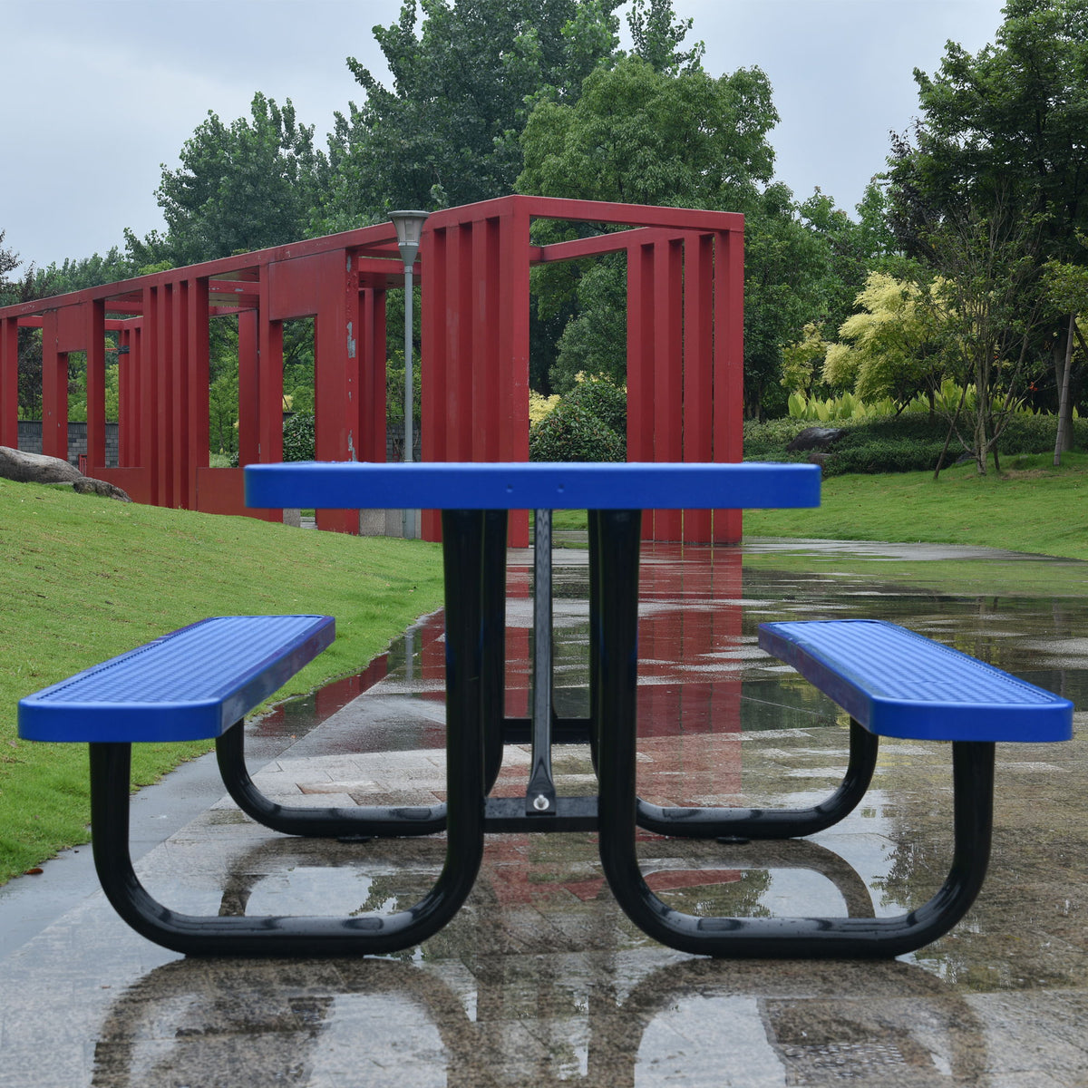 Outdoor Steel Picnic Square Table With Umbrella Pole - Blue