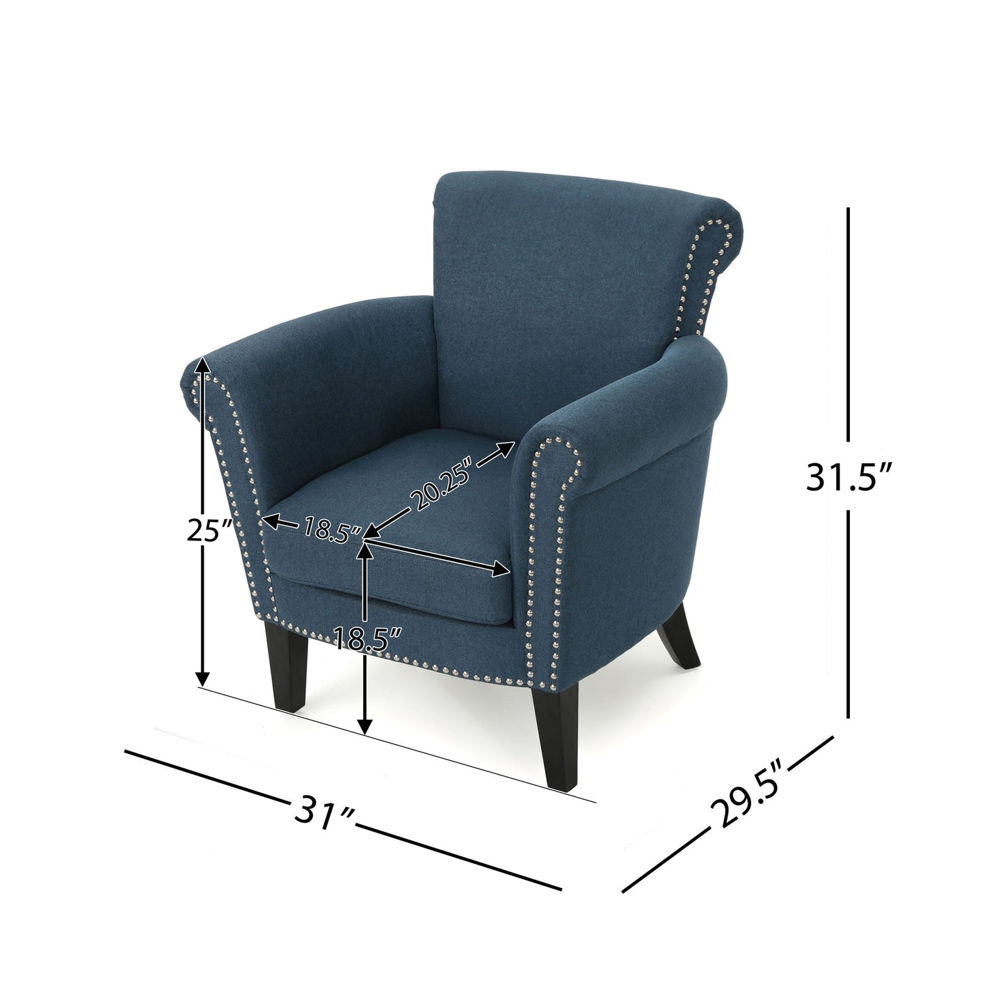 Elegant Fabric Club Chair With Nailhead Trim And Birch Wood Legs - Navy Blue