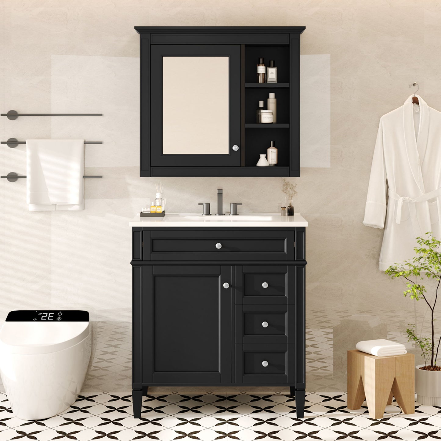 Bathroom Vanity With Top Sink, 2 Doors And 3 Drawers, Freestanding Set With Mirror Cabinet