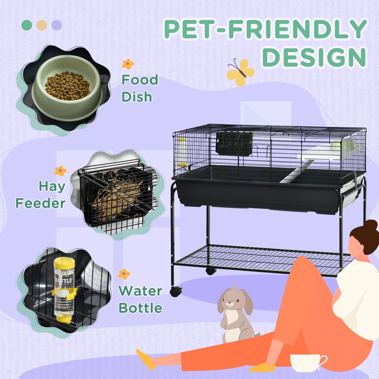 Pawhut - Two-Story Small Animal Cage Removable From Stand, Guinea Pig Cage, Hedgehog Cage, Chinchilla Cage, Ferret, With Shelf & Wheels, Pet Habitat - Black