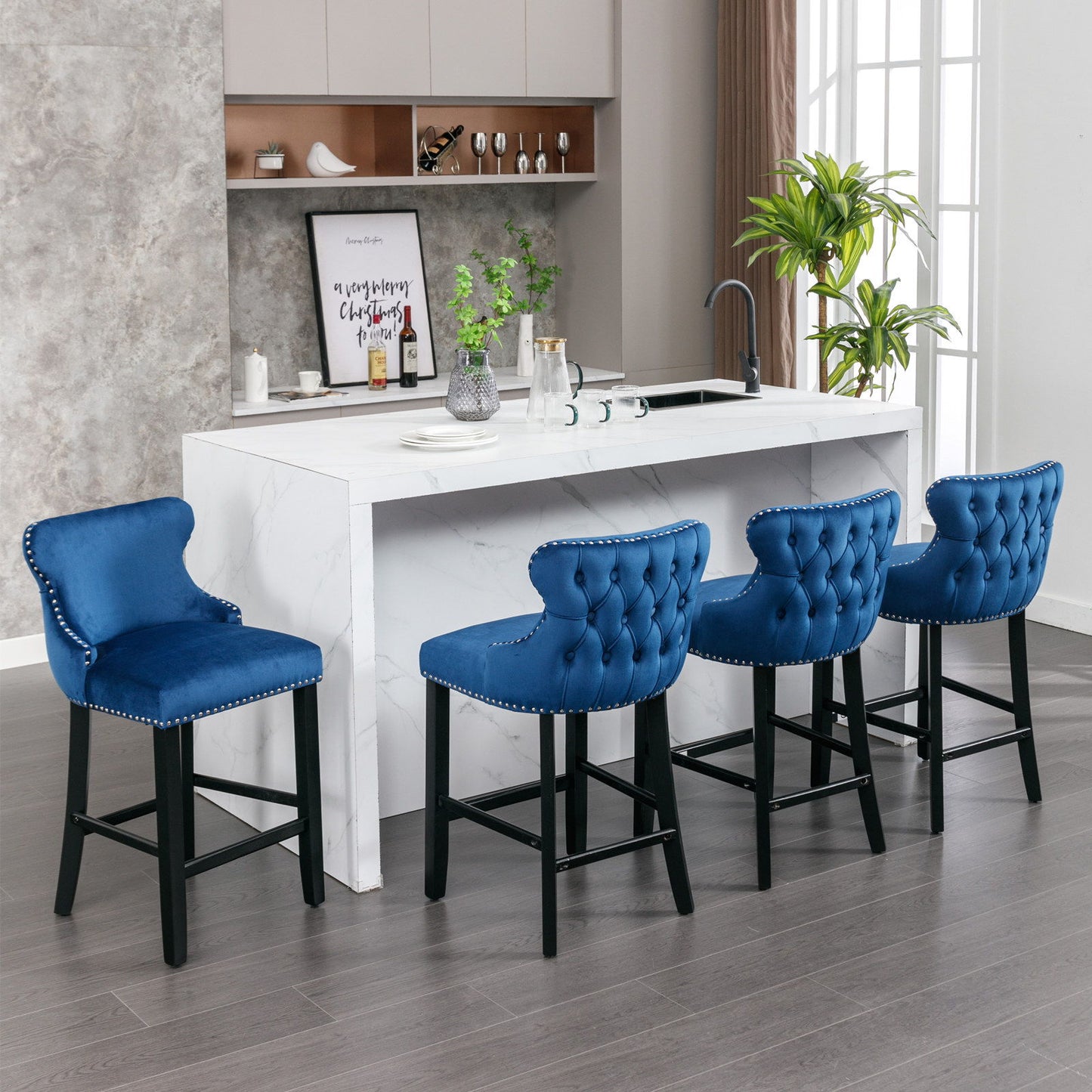 Contemporary Velvet Upholstered Wing-Back Barstools With Button Tufted Decoration And Wooden Legs, And Chrome Nailhead Trim, Leisure Style Bar Chairs, Bar Stools (Set of 4)