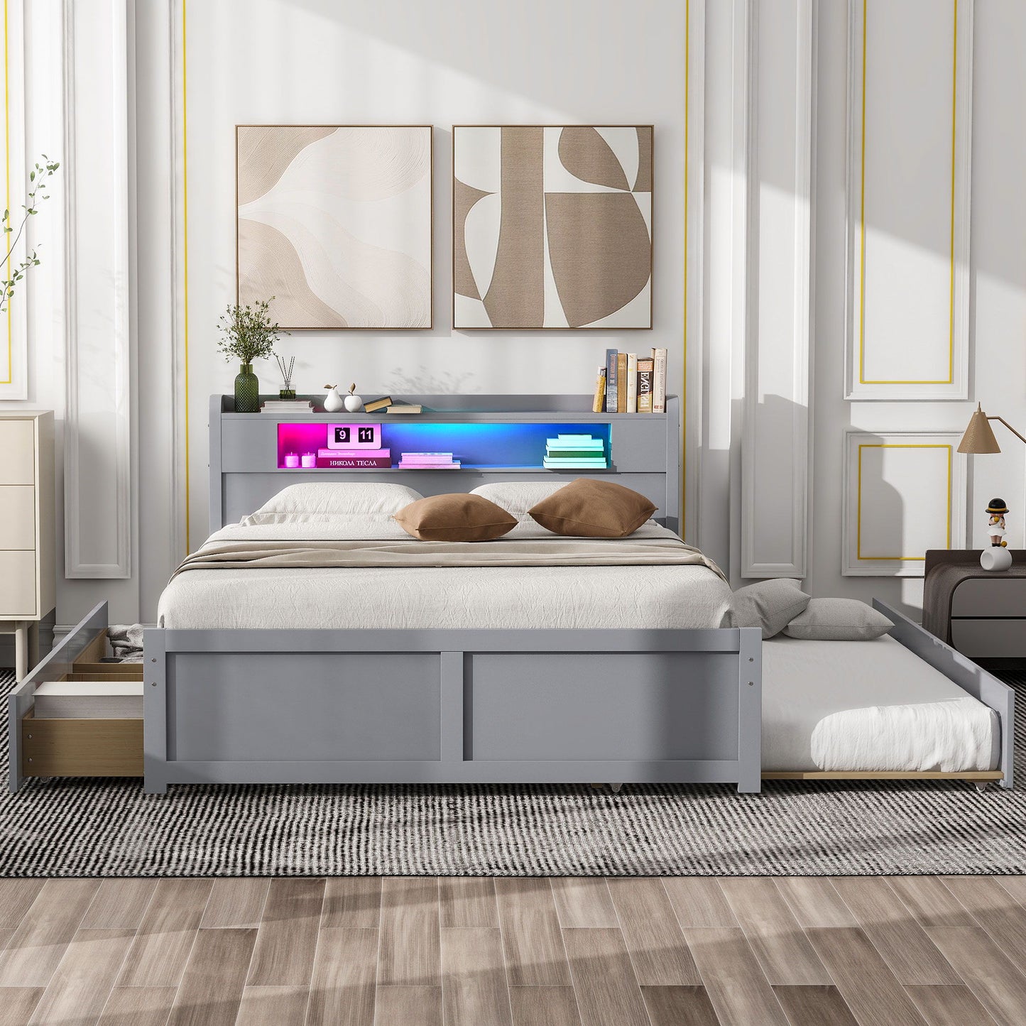 Storage Platform Bed With LED Lights, 2 Drawers And Trundle