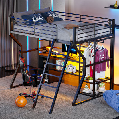 Full Size Gaming Loft Bed With Built In Work Station, Open Wardrobe, LED And Multiple Storage - Black