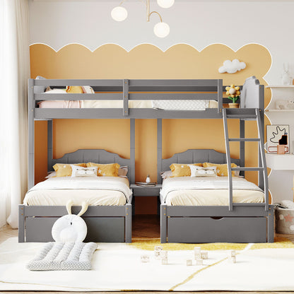 Full Over Twin & Twin Bunk Bed, Velvet Triple Bunk Bed With Drawers And Guardrails - Gray