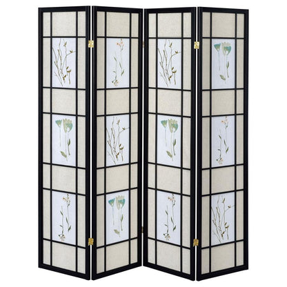 Catabella - 4-Panel Room Divider Folding Shoji Screen Floral - Black