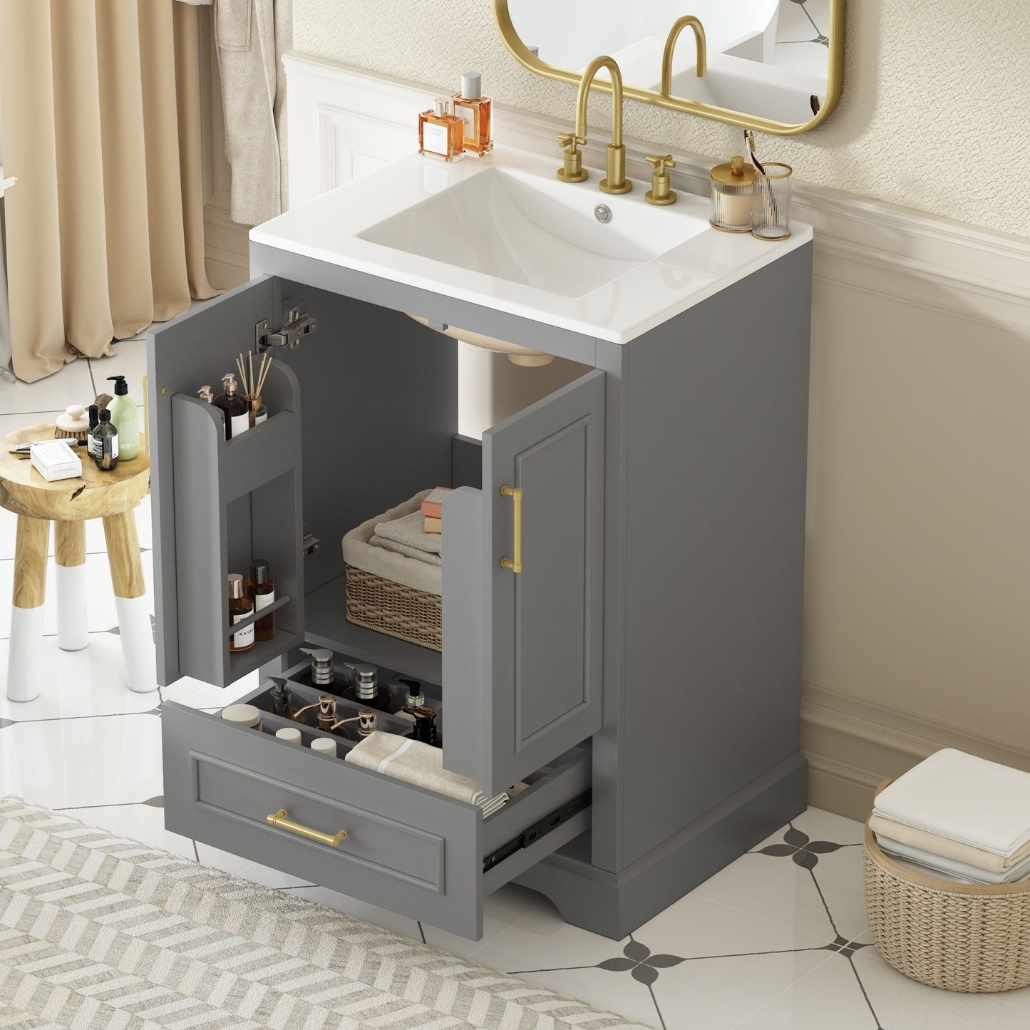 Bathroom Vanity With Sink, 1 Divided Drawer And 2 Soft Close Doors With Double Shelf