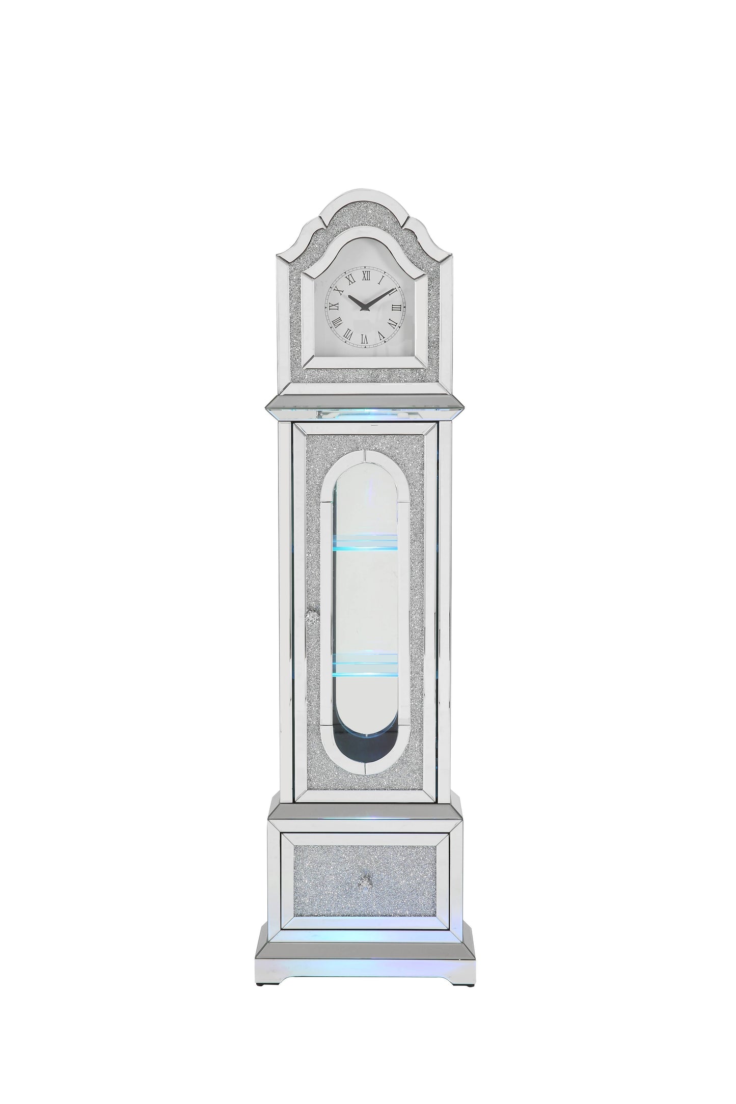 Noralie - Mirrored & Faux Diamonds Grandfather Clock With LED - Silver Gray