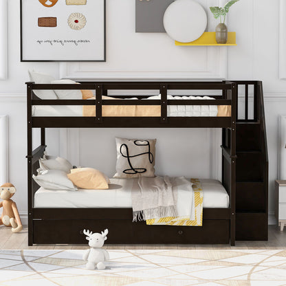 Stairway Bunk Bed With Twin Size Trundle, Storage And Guard Rail For Bedroom, Dorm