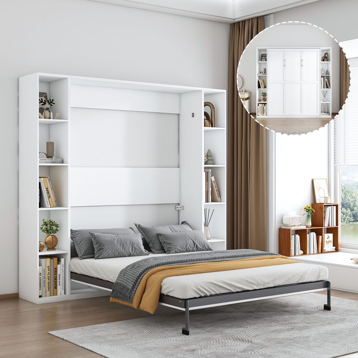 Queen Murphy Bed With Storage Cabinet, Foldable Wall Bed For Bedrooms - White