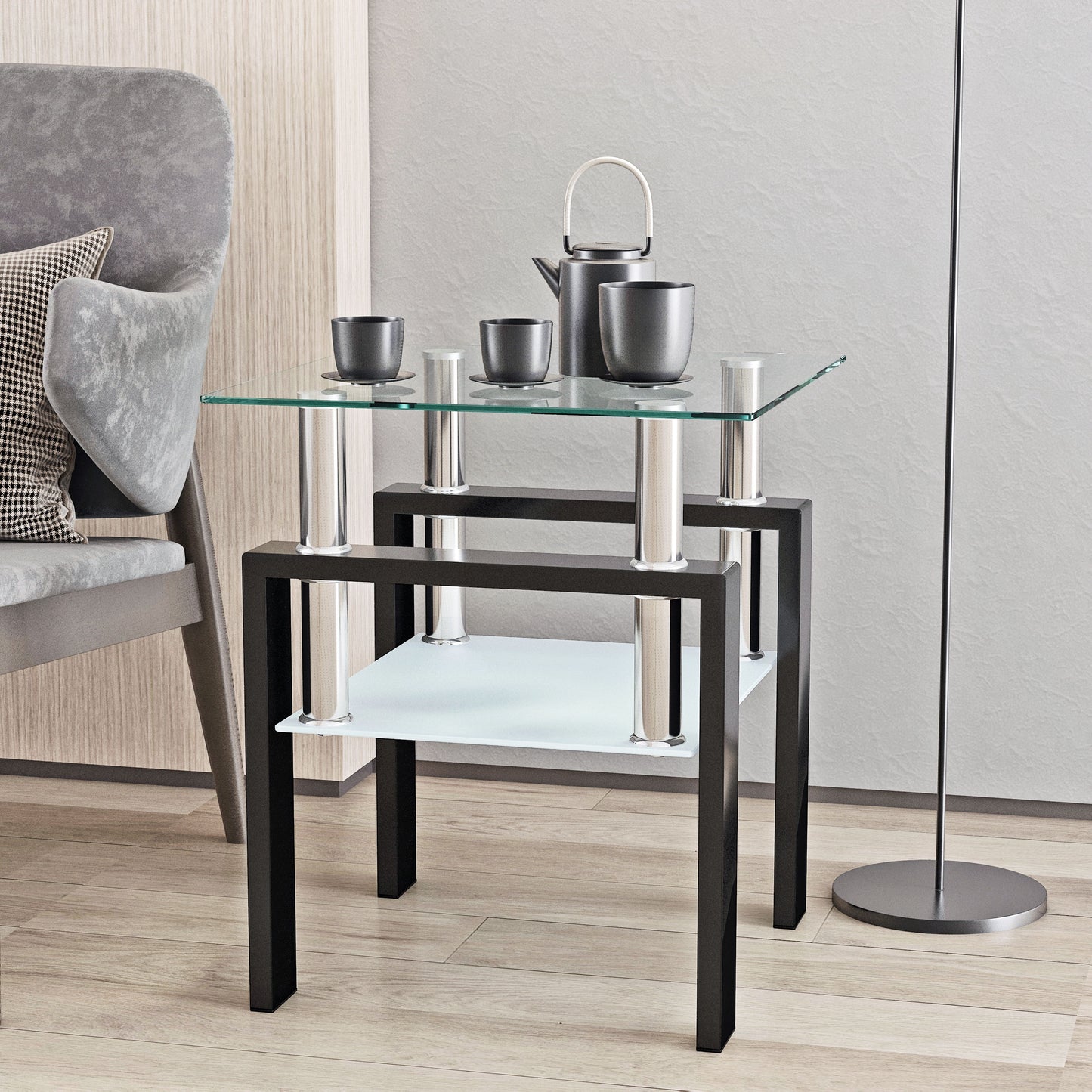 Modern Tempered Glass Tea Table, End Square Table For Living Room