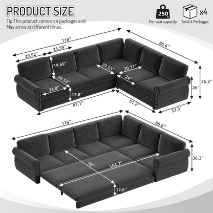 L-Shaped Sofa Couch With Pull Out Bed With Nailhead Trim & Rolled Arm