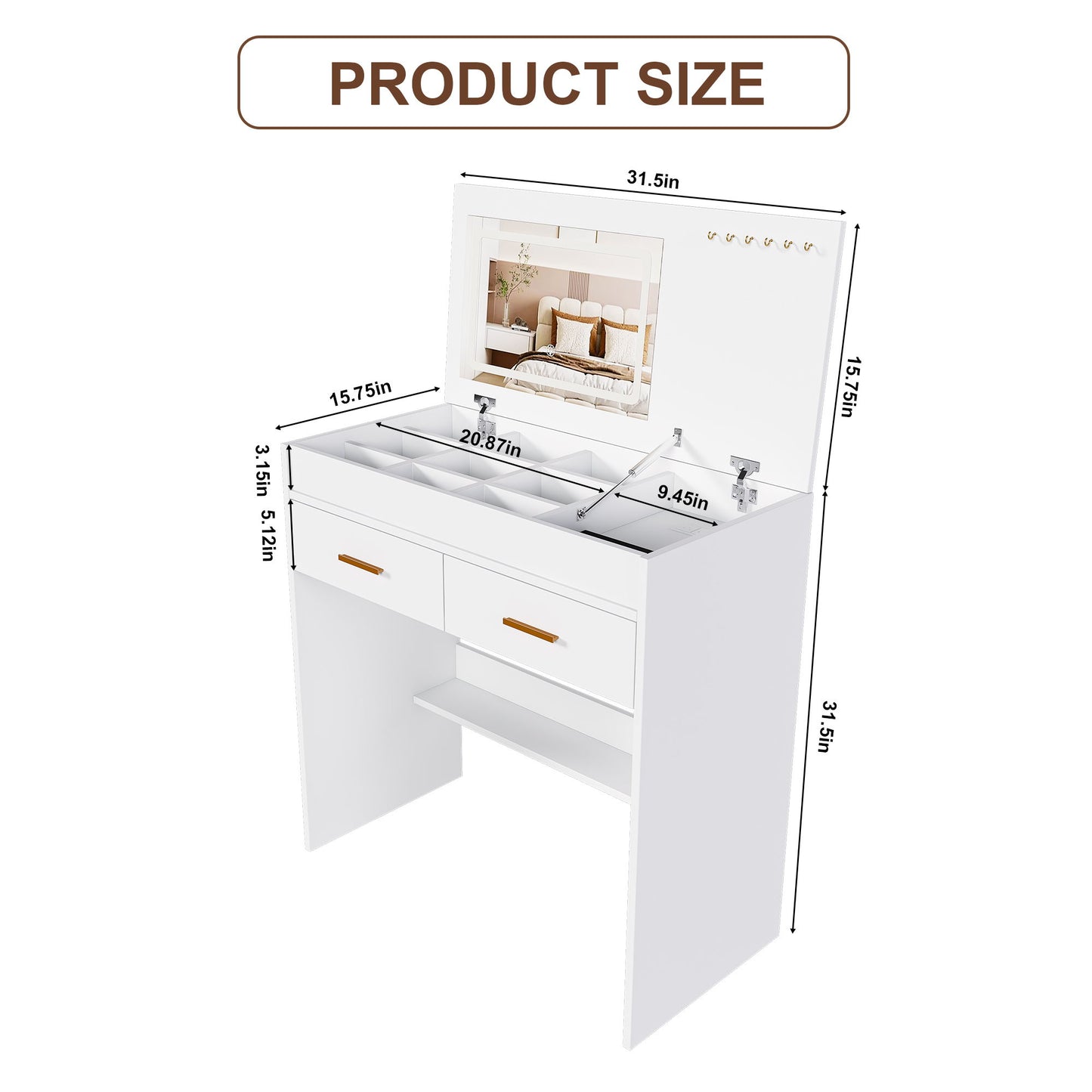 Flip Top Vanity Desk With LED Mirror & Outlet Makeup Table With 2 Drawers, Open Storage, And Jewelry Hooks - White
