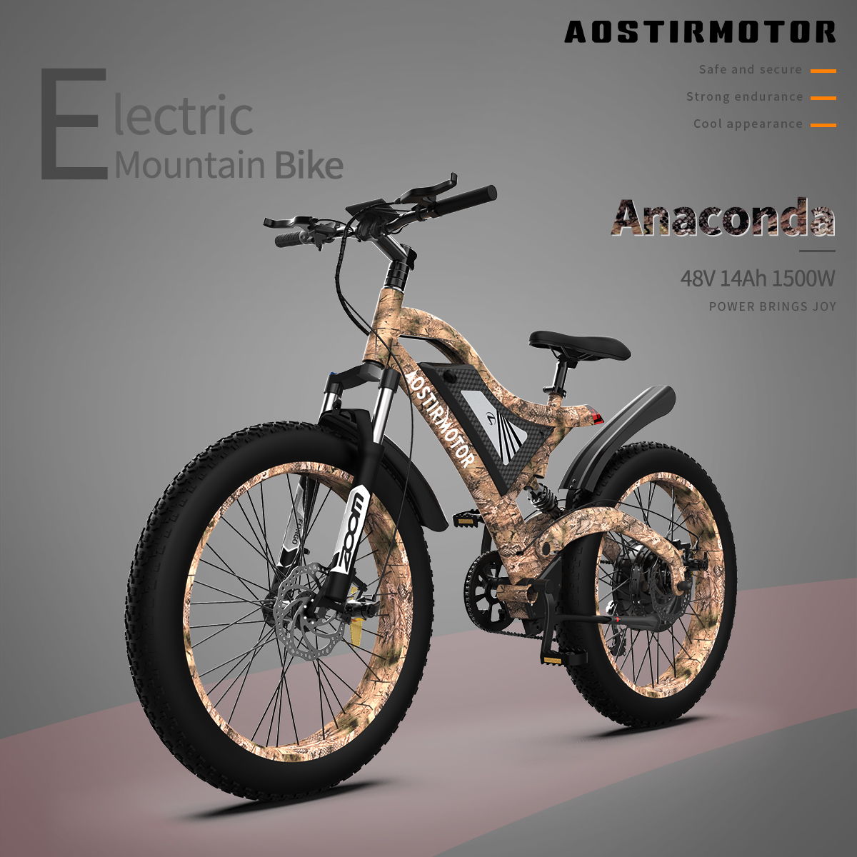 S18 - 1500W 26" 1500W Electric Bike Fat Tire 48V 15Ah Removable Lithium Battery Mountain Bicycle Shimanos Bicycle Full Suspension Mtb Bikes For Adults - Brown