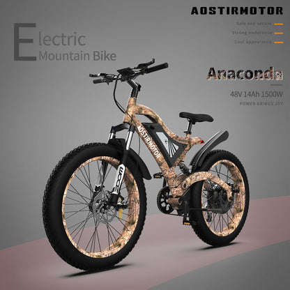 S18 - 1500W 26" 1500W Electric Bike Fat Tire 48V 15Ah Removable Lithium Battery Mountain Bicycle Shimanos Bicycle Full Suspension Mtb Bikes For Adults - Brown