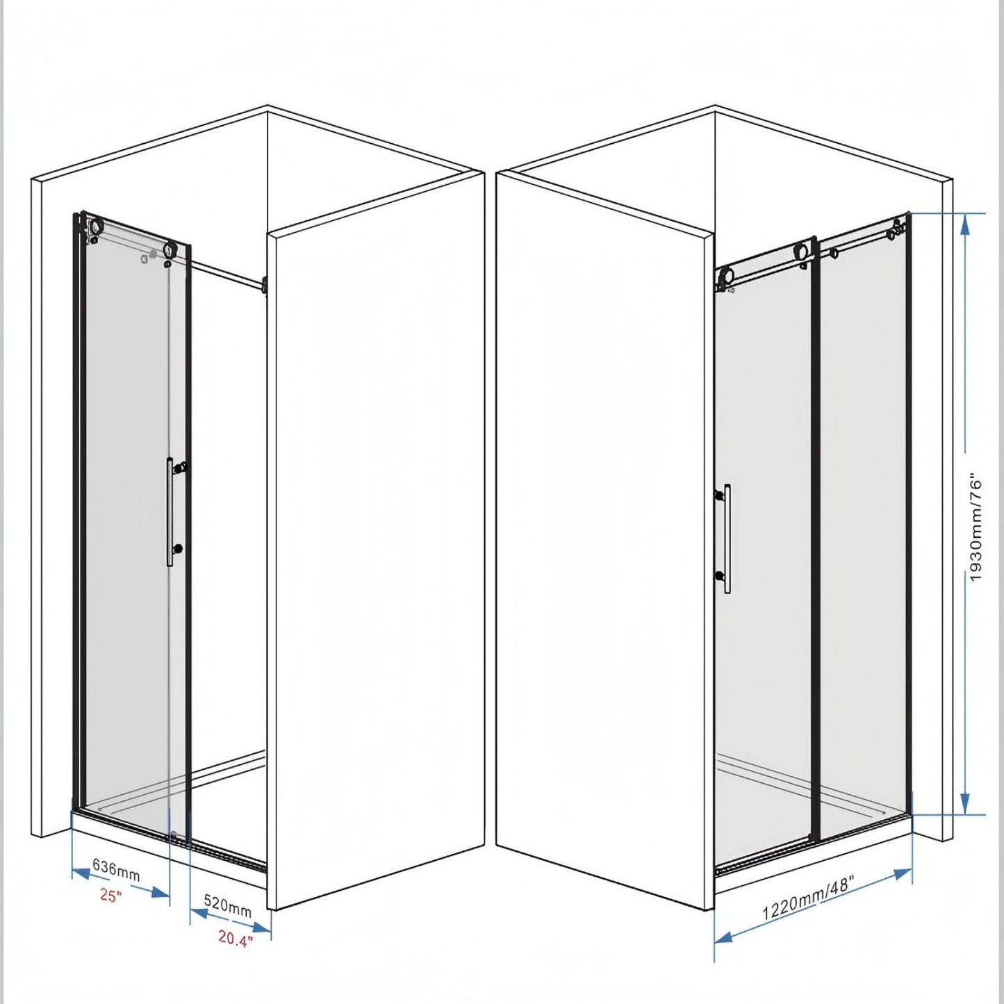 Frameless Shower Door, Smooth Sliding Tracks