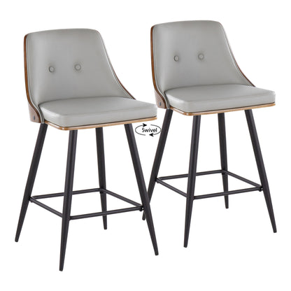 Gianna - Mid-Century Modern Fixed Height Counter Stool With Swivel With Square Footrest (Set of 2) - Matte Black / Walnut / Light Gray