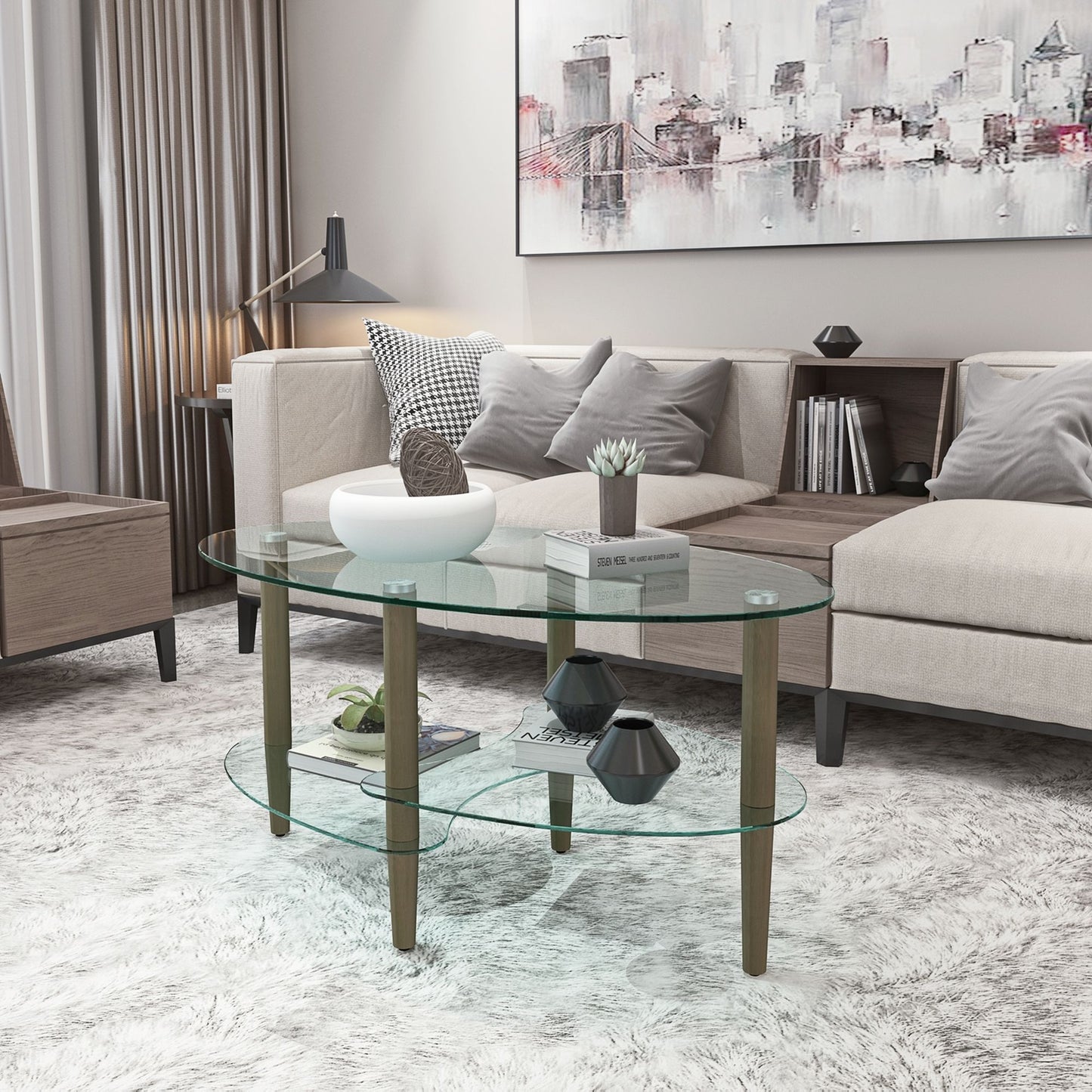 Transparent Oval Glass Coffee Table, Modern Table In Living Room Oak Wood Leg Tea Table 3-Layer Glass Table