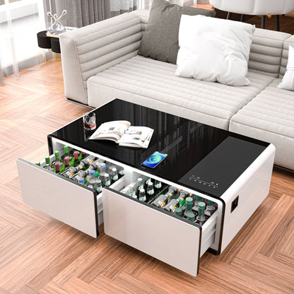 Modern Smart Coffee Table With Built-In Fridge, Bluetooth Speaker, Wireless Charging Module, Touch Control Panel, Power Socket, USB Interface, Outlet Protection, Atmosphere Light