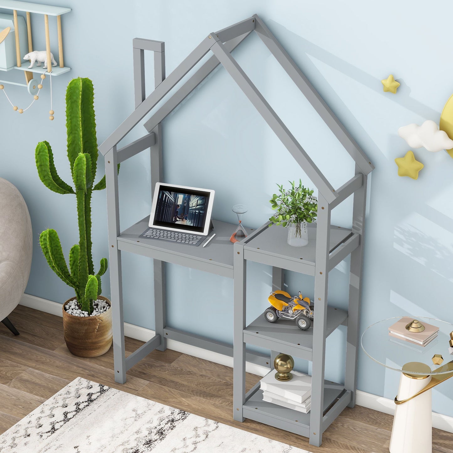 House-Shaped Wooden Writing Desk, Kids Study Table, Bookshelf & Toy Storage