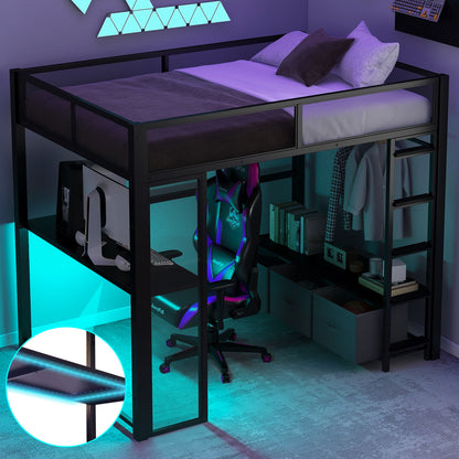 Full Size Gaming Loft Bed With LED Desk, Open Wardrobe, 3 Linen Storage Drawers - Black