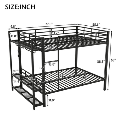 Bunk Bed With Storage Mesh Shelves, Clothes Hooks, LED Light