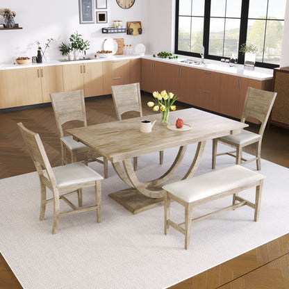 Topmax - 6 Piece Wood Half Round Dining Table Set Kitchen Table Set With Long Bench And 4 Dining Chairs, Modern Style