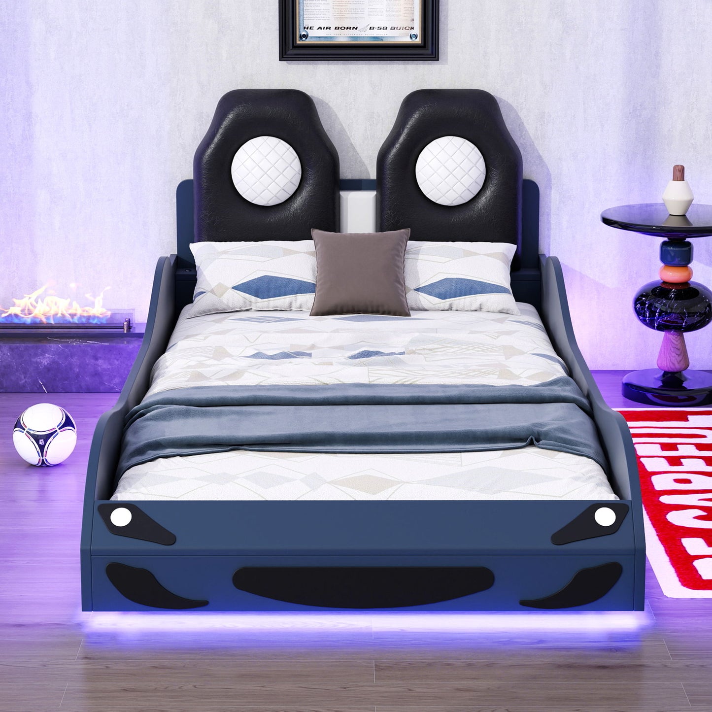 Race Car Shaped Platform Bed With LED And Upholstered Backrest In